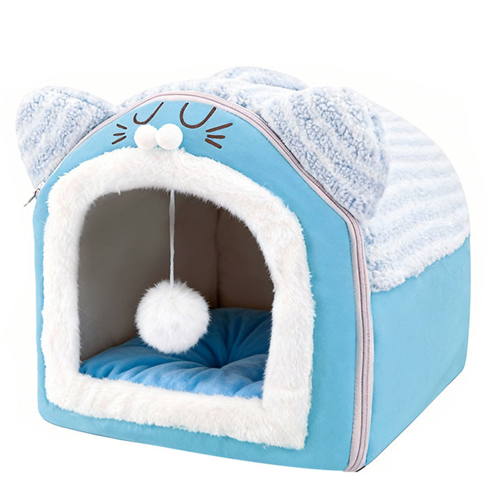 Design contemporain créatif à oreilles de chat incurvées, tissu velours antidérapant à pois, balle jouet pour lit de chat à main pour chambre à coucher 