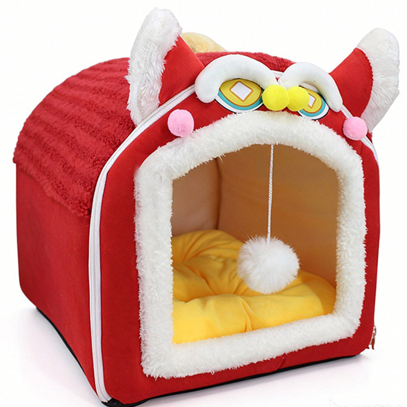 Design contemporain créatif à oreilles de chat incurvées, tissu velours antidérapant à pois, balle jouet pour lit de chat à main pour chambre à coucher 