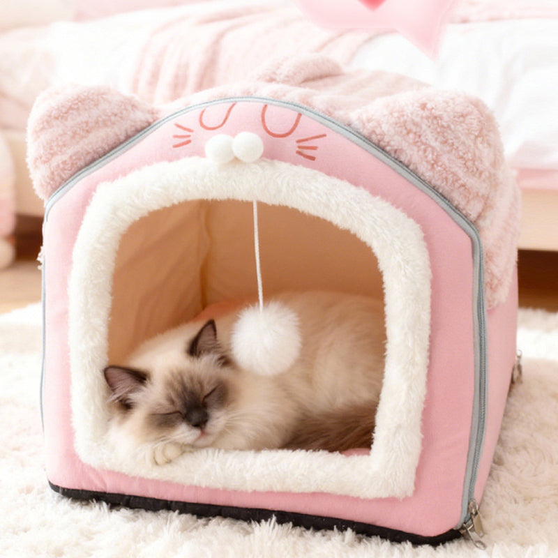 Design contemporain créatif à oreilles de chat incurvées, tissu velours antidérapant à pois, balle jouet pour lit de chat à main pour chambre à coucher 