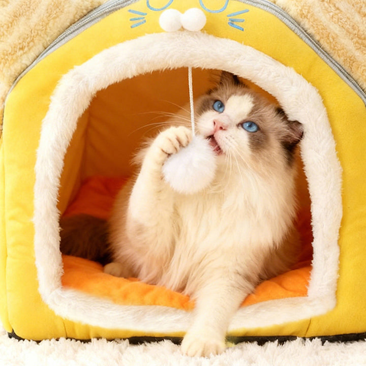 Design contemporain créatif à oreilles de chat incurvées, tissu velours antidérapant à pois, balle jouet pour lit de chat à main pour chambre à coucher 