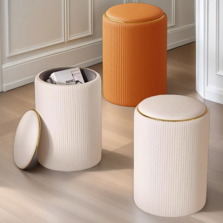 Moderner minimalistischer zylindrischer Stauraum-Schminkhocker aus Massivholz und PU-Leder, ohne Rückenlehne und Armlehnen, für das Schlafzimmer 