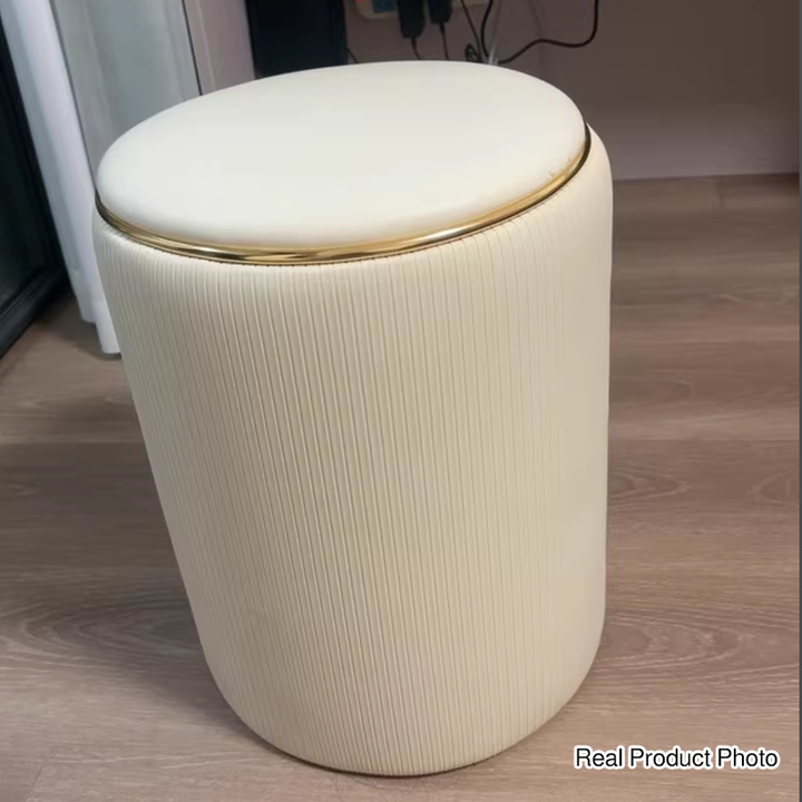 Moderner minimalistischer zylindrischer Stauraum-Schminkhocker aus Massivholz und PU-Leder, ohne Rückenlehne und Armlehnen, für das Schlafzimmer 