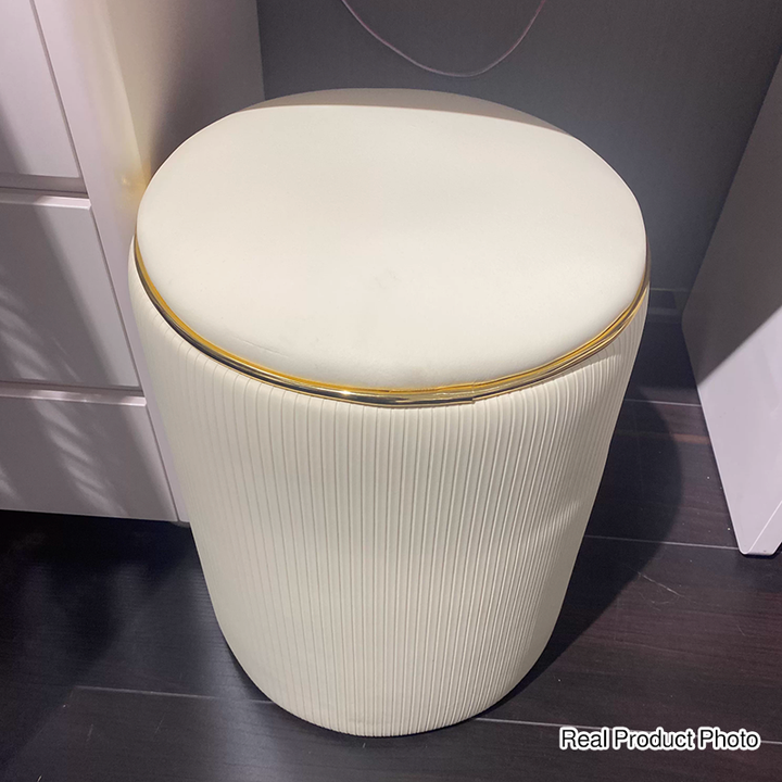 Moderner minimalistischer zylindrischer Stauraum-Schminkhocker aus Massivholz und PU-Leder, ohne Rückenlehne und Armlehnen, für das Schlafzimmer 