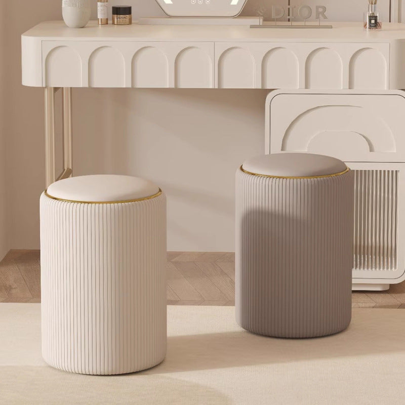 Moderner minimalistischer zylindrischer Stauraum-Schminkhocker aus Massivholz und PU-Leder, ohne Rückenlehne und Armlehnen, für das Schlafzimmer 