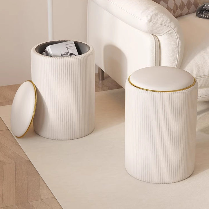 Moderner minimalistischer zylindrischer Stauraum-Schminkhocker aus Massivholz und PU-Leder, ohne Rückenlehne und Armlehnen, für das Schlafzimmer 