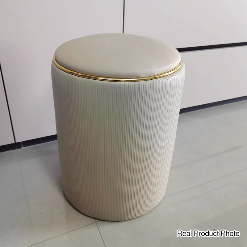 Moderner minimalistischer zylindrischer Stauraum-Schminkhocker aus Massivholz und PU-Leder, ohne Rückenlehne und Armlehnen, für das Schlafzimmer 