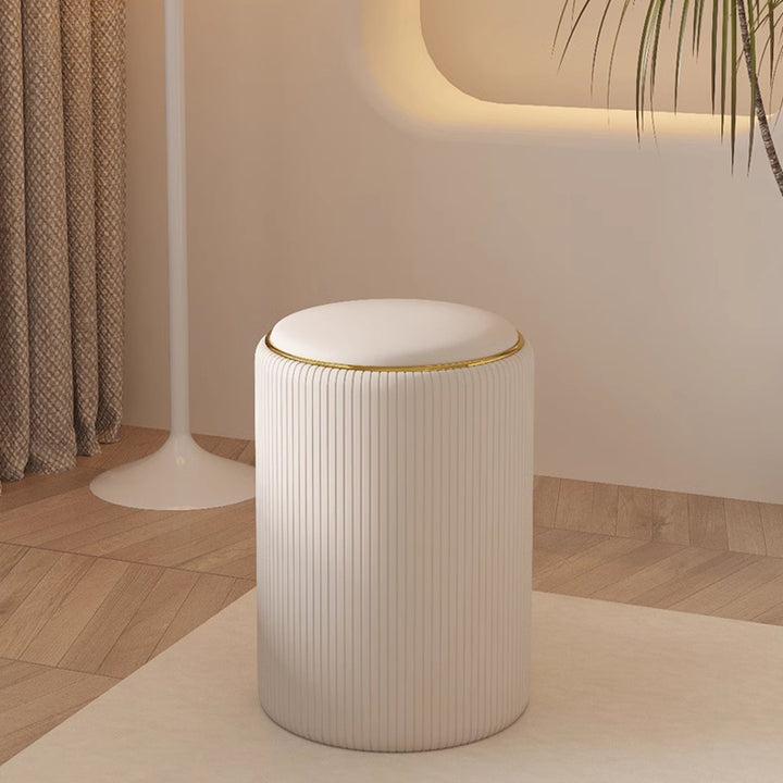 Moderner minimalistischer zylindrischer Stauraum-Schminkhocker aus Massivholz und PU-Leder, ohne Rückenlehne und Armlehnen, für das Schlafzimmer 