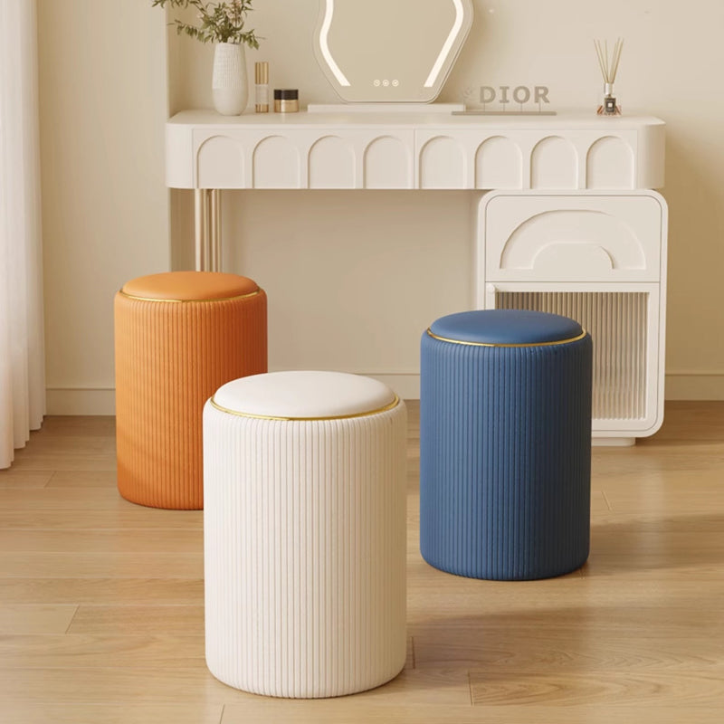 Moderner minimalistischer zylindrischer Stauraum-Schminkhocker aus Massivholz und PU-Leder, ohne Rückenlehne und Armlehnen, für das Schlafzimmer 