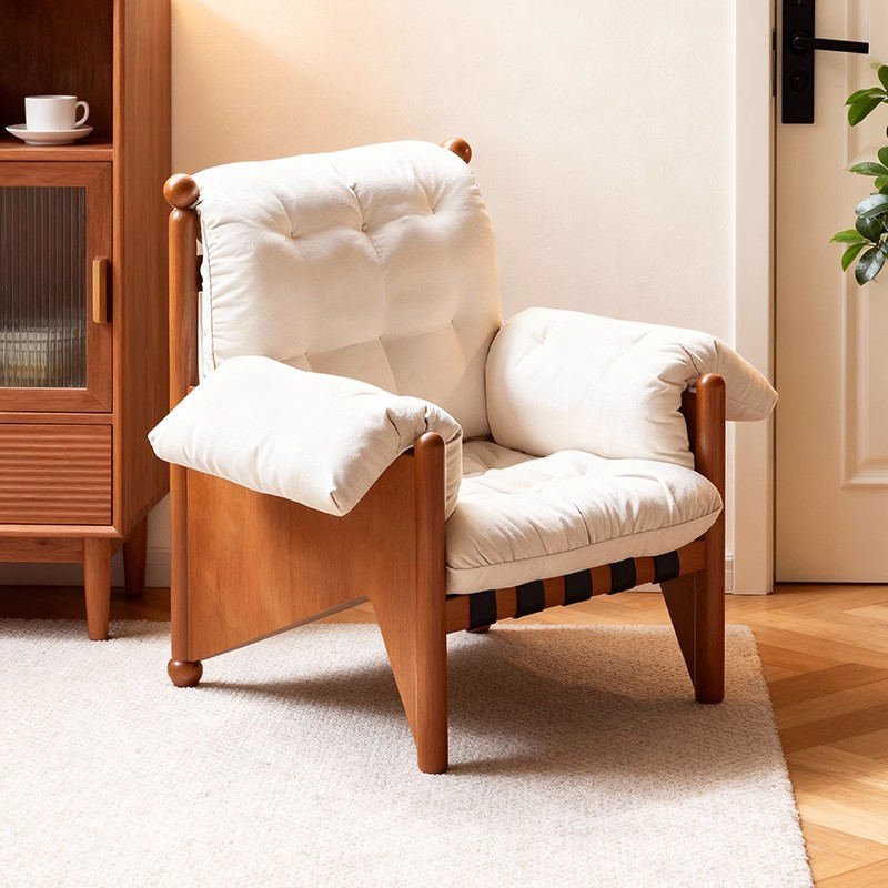 Contemporary Nordic Rectangular Oak Fabric Accent Chair Backrest Armrest For Living Room