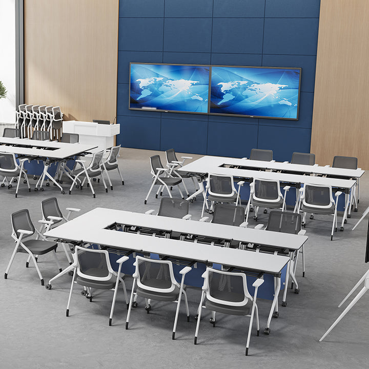 モダン 折りたたみ式 人間工学メッシュデスクチェア - 長方形 スタッキング可能 トレーニングチェア クッション座面・調節可能アームレスト付き ホームオフィス向けチェア 