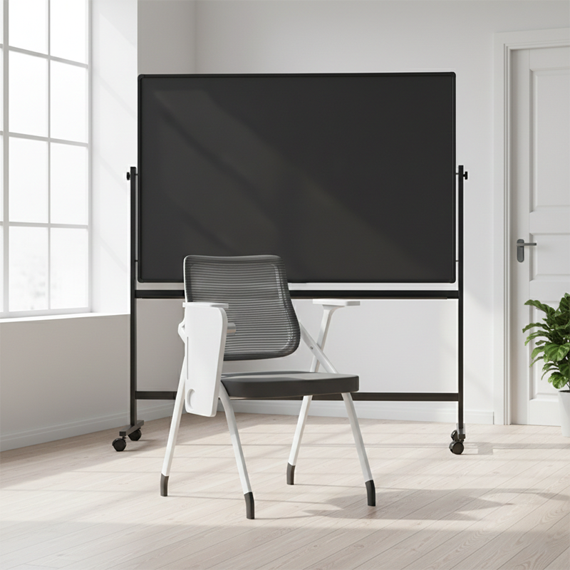 Moderner ergonomischer Schreibtischstuhl aus Netzstoff – rechteckiger klappbarer Schulungsstuhl mit hochklappbarer Schreibplatte fürs Homeoffice 