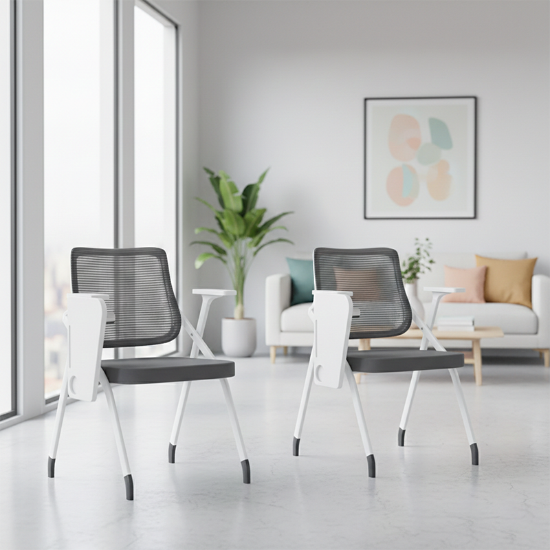 Moderner ergonomischer Schreibtischstuhl aus Netzstoff – rechteckiger klappbarer Schulungsstuhl mit hochklappbarer Schreibplatte fürs Homeoffice 