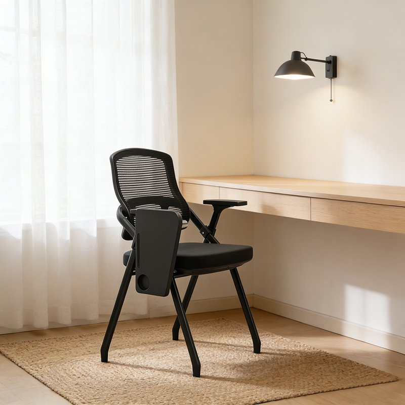 Modern Foldable Ergonomic Conference Room Seating Mesh Office Chair - Heavy Duty Training Chair With Stackable Writing Tablet For Home Office