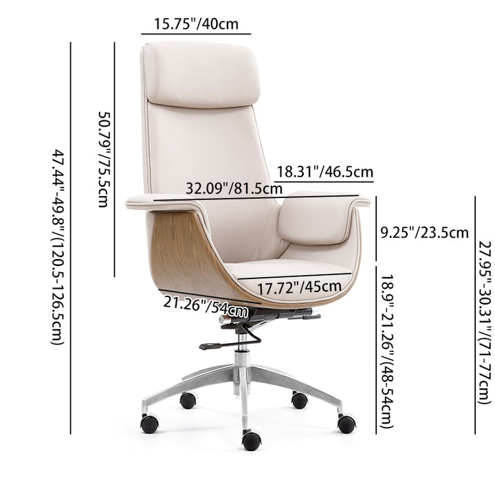 Modern Executive Premium Brazilian Cowhide Leather Contact Surface Office Chair - Rectangular Curved High Back PU Caster Manager Desk Chair Armrest For Home Office