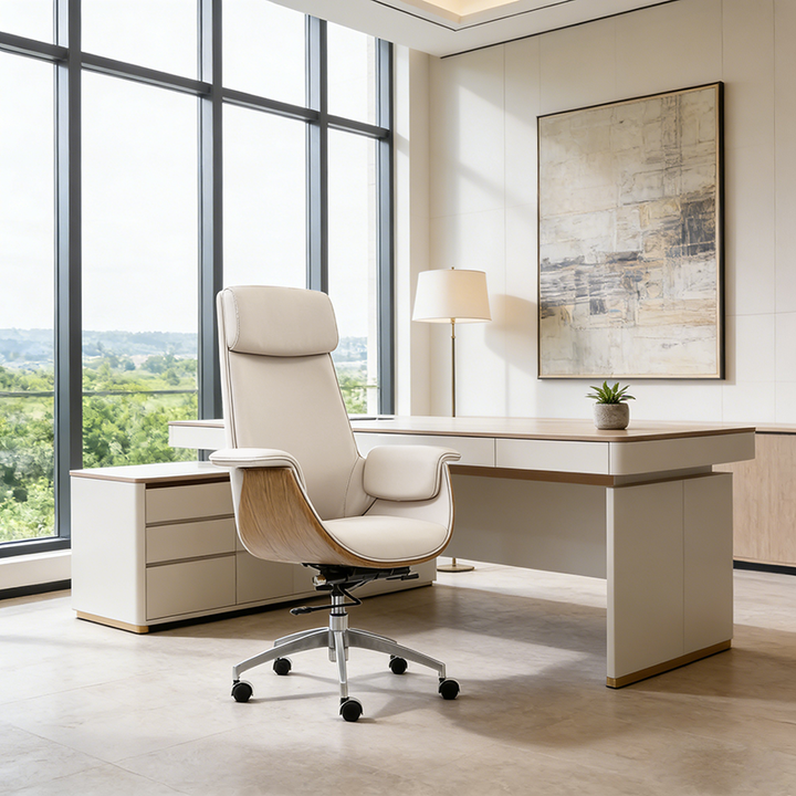 Modern Executive Premium Brazilian Cowhide Leather Contact Surface Office Chair - Rectangular Curved High Back PU Caster Manager Desk Chair Armrest For Home Office