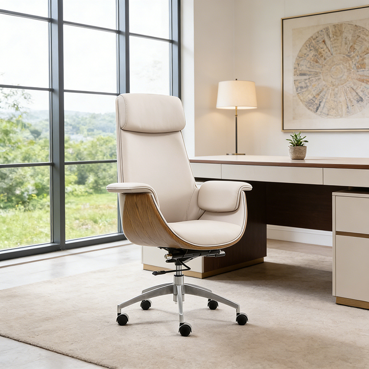 Modern Executive Premium Brazilian Cowhide Leather Contact Surface Office Chair - Rectangular Curved High Back PU Caster Manager Desk Chair Armrest For Home Office