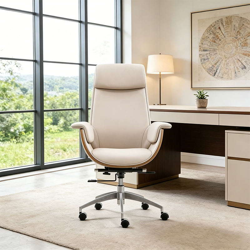 Modern Executive Premium Brazilian Cowhide Leather Contact Surface Office Chair - Rectangular Curved High Back PU Caster Manager Desk Chair Armrest For Home Office