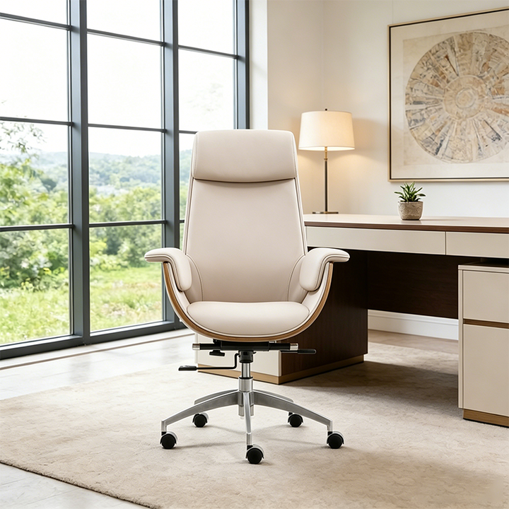 Modern Executive Premium Brazilian Cowhide Leather Contact Surface Office Chair - Rectangular Curved High Back PU Caster Manager Desk Chair Armrest For Home Office