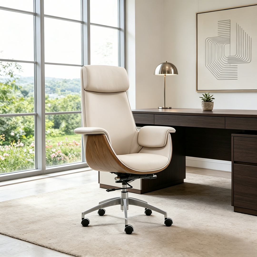 Modern Executive Premium Brazilian Cowhide Leather Contact Surface Office Chair - Rectangular Curved High Back PU Caster Manager Desk Chair Armrest For Home Office