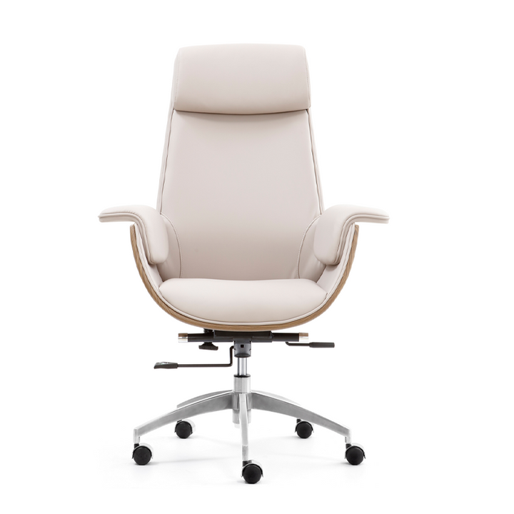 Modern Executive Premium Brazilian Cowhide Leather Contact Surface Office Chair - Rectangular Curved High Back PU Caster Manager Desk Chair Armrest For Home Office