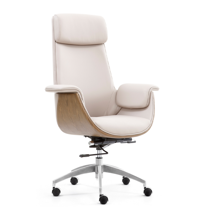Modern Executive Premium Brazilian Cowhide Leather Contact Surface Office Chair - Rectangular Curved High Back PU Caster Manager Desk Chair Armrest For Home Office