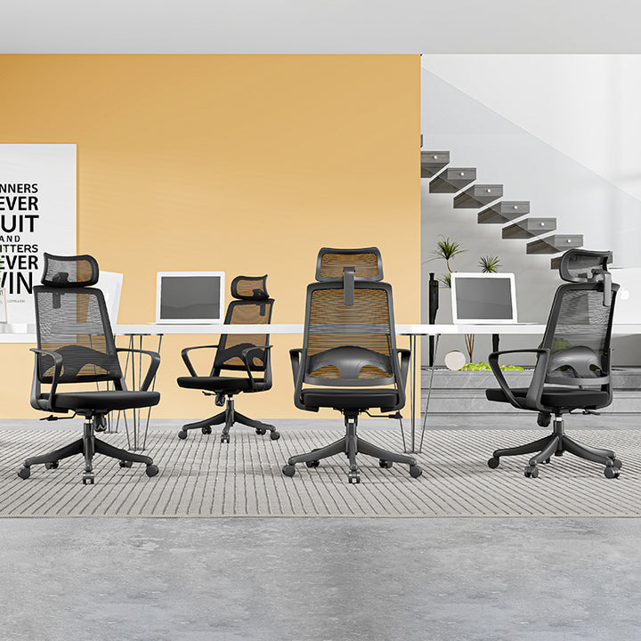 Moderner ergonomischer Bürostuhl mit hoher Netzrückenlehne - rechteckige verstellbare Kopfstütze, Lordosenstütze, neigbarer Schreibtischstuhl fürs Homeoffice 