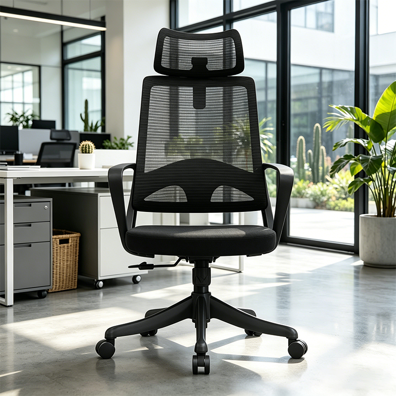 Moderner ergonomischer Bürostuhl mit hoher Netzrückenlehne - rechteckige verstellbare Kopfstütze, Lordosenstütze, neigbarer Schreibtischstuhl fürs Homeoffice 