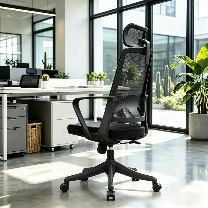 Moderner ergonomischer Bürostuhl mit hoher Netzrückenlehne - rechteckige verstellbare Kopfstütze, Lordosenstütze, neigbarer Schreibtischstuhl fürs Homeoffice 