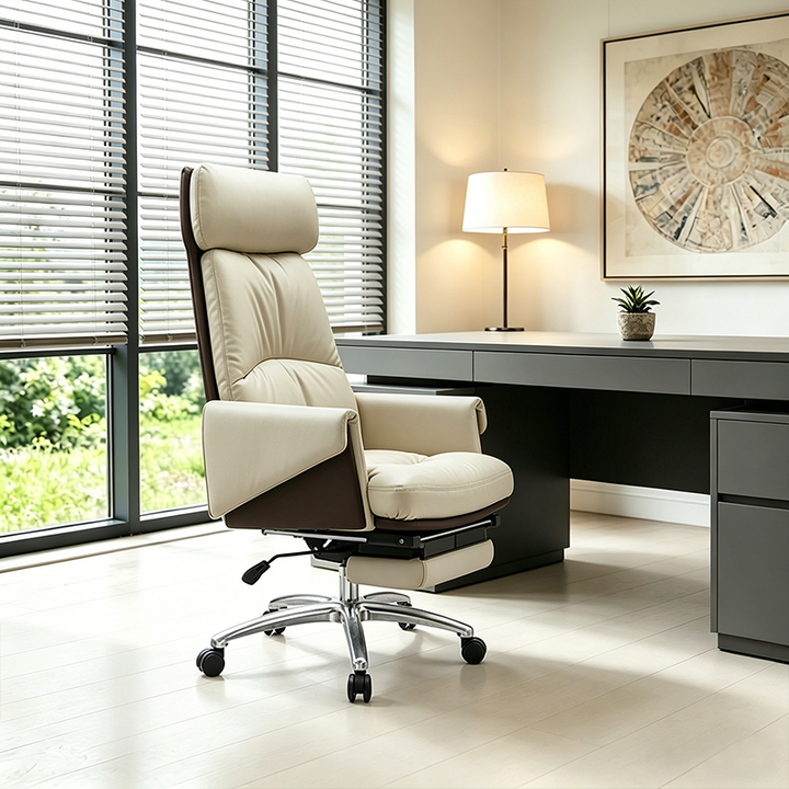 Modern Ergonomic Premium Brazilian Cowhide Leather Contact Surface Office Chair - Rectangular High Back Reclining Backrest & Cushioned Head Support Desk Chair For Home Office