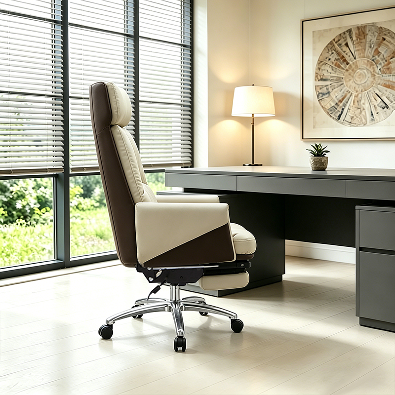 Modern Ergonomic Premium Brazilian Cowhide Leather Contact Surface Office Chair - Rectangular High Back Reclining Backrest &amp; Cushioned Head Support Desk Chair For Home Office