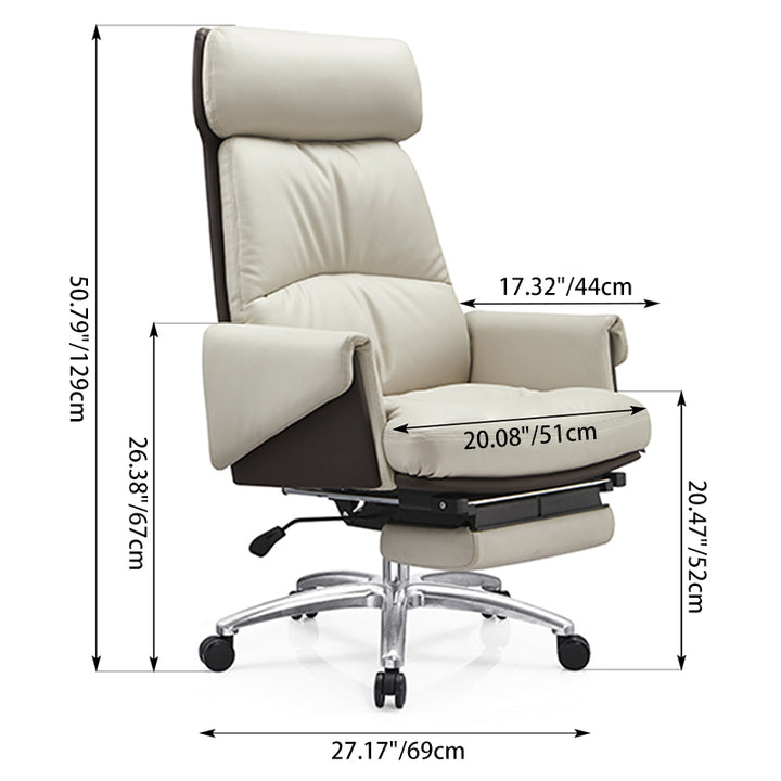 Modern Ergonomic Premium Brazilian Cowhide Leather Contact Surface Office Chair - Rectangular High Back Reclining Backrest & Cushioned Head Support Desk Chair For Home Office
