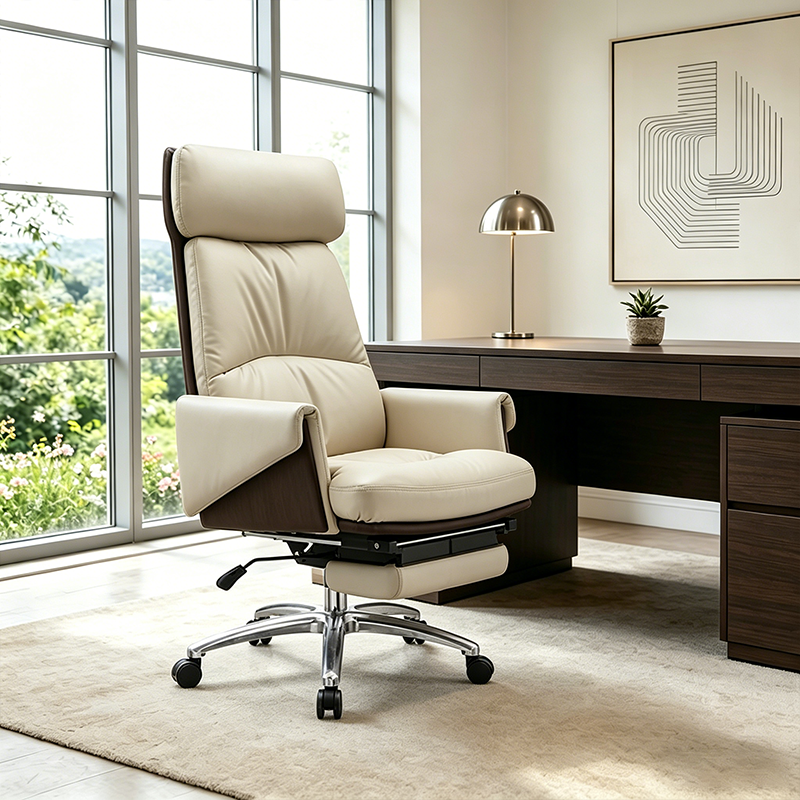 Modern Ergonomic Premium Brazilian Cowhide Leather Contact Surface Office Chair - Rectangular High Back Reclining Backrest &amp; Cushioned Head Support Desk Chair For Home Office