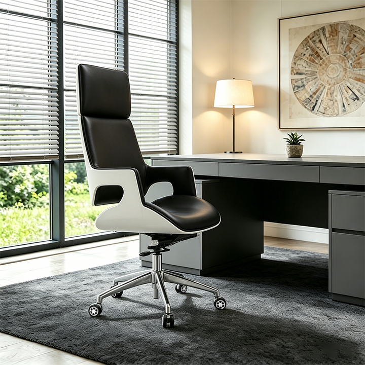 Modern Premium Brazilian Cowhide Leather Contact Surface Executive Desk Chair - Rectangular High Back Padded Cushion Office Chair For Home Office