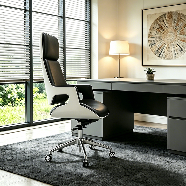Modern Premium Brazilian Cowhide Leather Contact Surface Executive Desk Chair - Rectangular High Back Padded Cushion Office Chair For Home Office