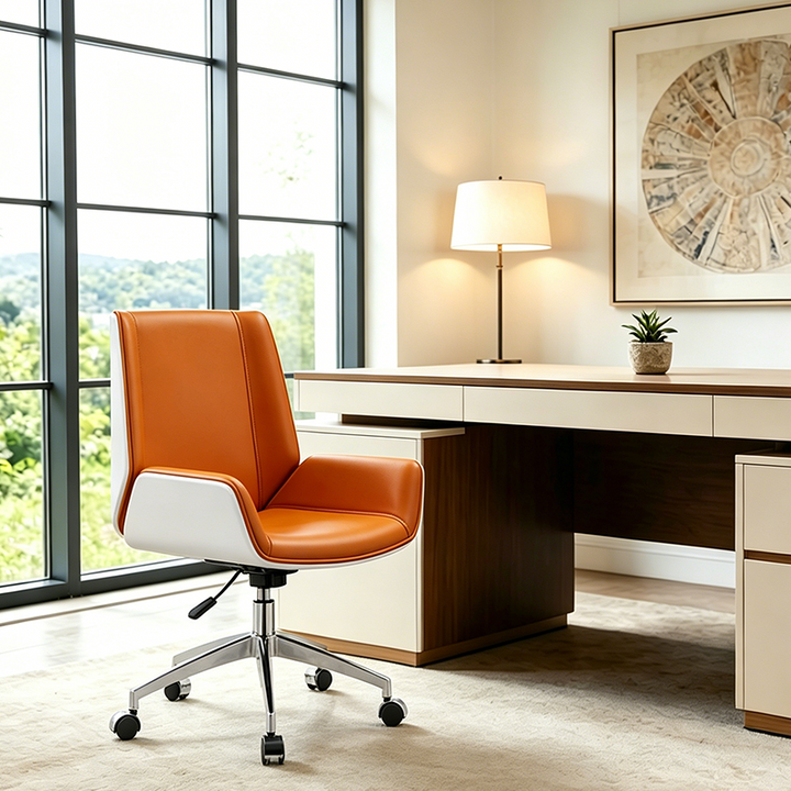 Modern Premium Brazilian Cowhide Leather Contact Surface Executive Mid Back Desk Chair - Rectangular High Back High Density Foam Cushion Aluminum Base Office Chair For Home Office