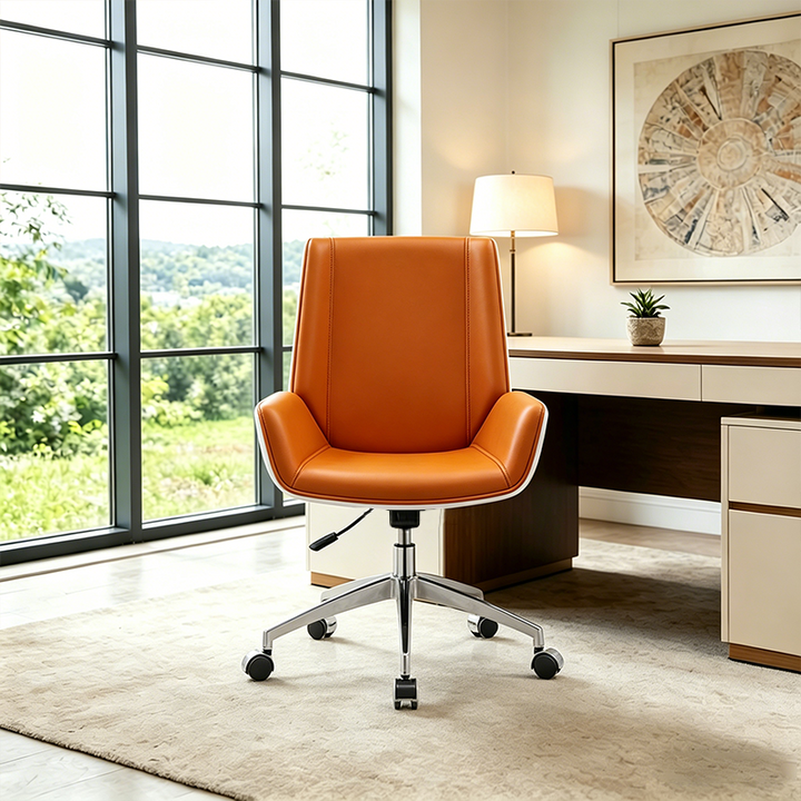 Modern Premium Brazilian Cowhide Leather Contact Surface Executive Mid Back Desk Chair - Rectangular High Back High Density Foam Cushion Aluminum Base Office Chair For Home Office
