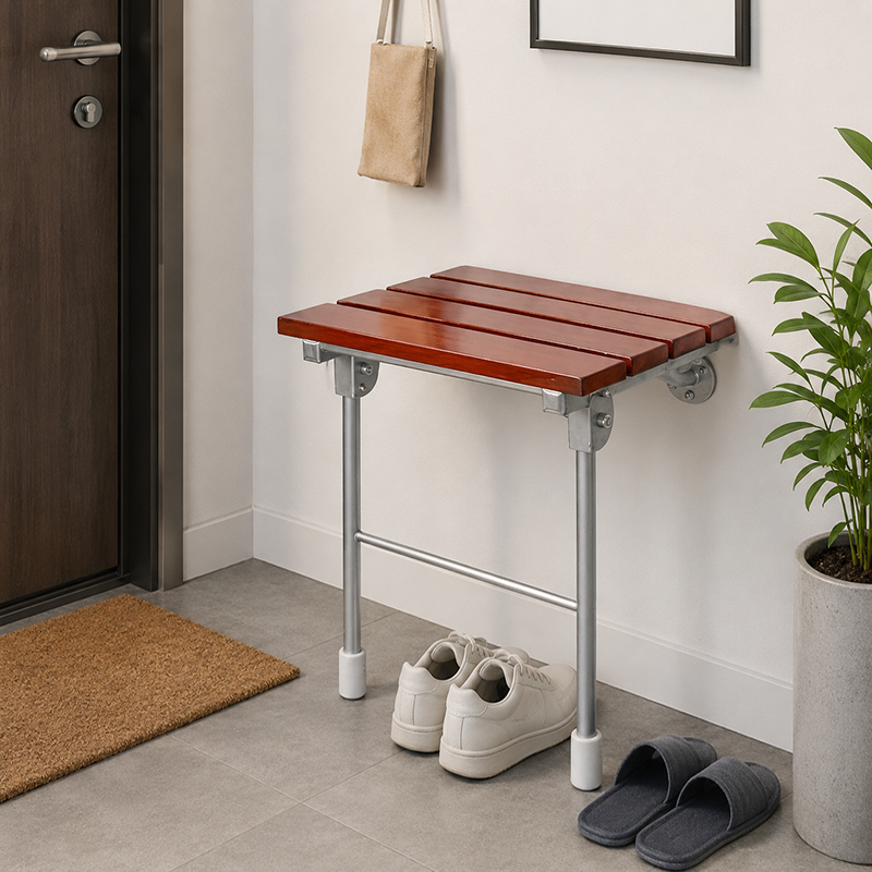 Moderner minimalistischer rechteckiger wandmontierter Schuhbank aus Holz und Edelstahl ohne Armlehnen für Eingangsbereiche 