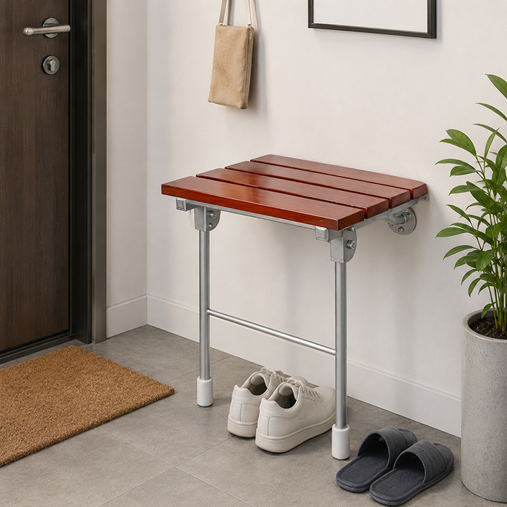 Moderner minimalistischer rechteckiger wandmontierter Schuhbank aus Holz und Edelstahl ohne Armlehnen für Eingangsbereiche 