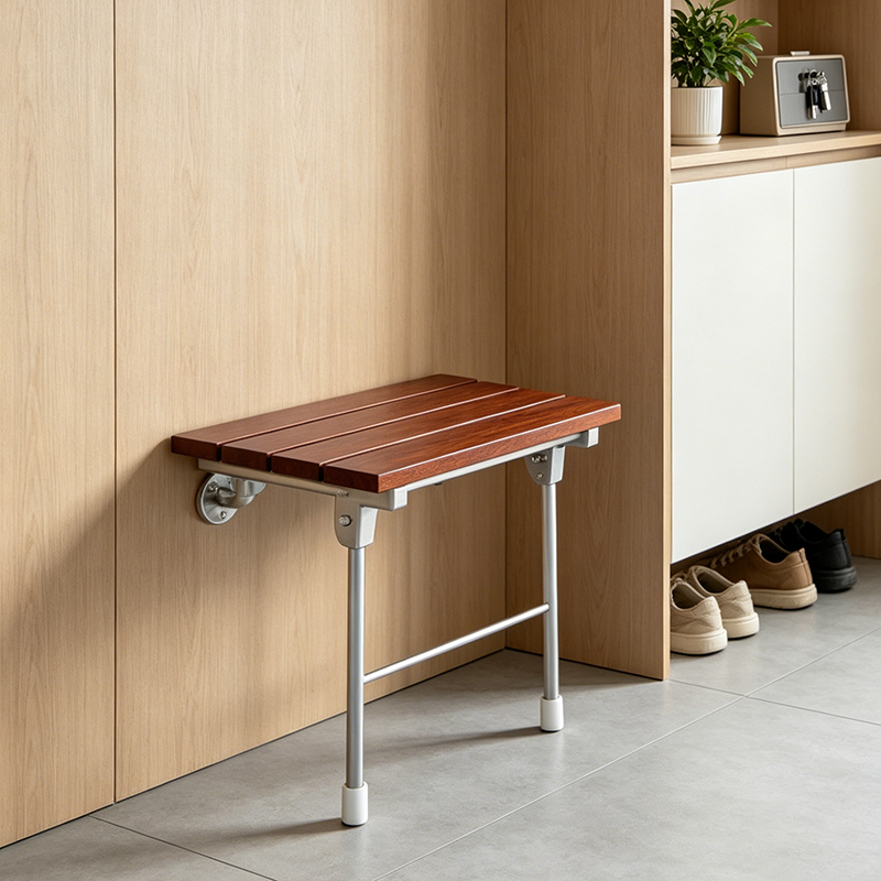Moderner minimalistischer rechteckiger wandmontierter Schuhbank aus Holz und Edelstahl ohne Armlehnen für Eingangsbereiche 