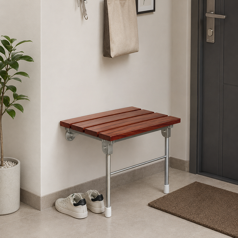 Moderner minimalistischer rechteckiger wandmontierter Schuhbank aus Holz und Edelstahl ohne Armlehnen für Eingangsbereiche 