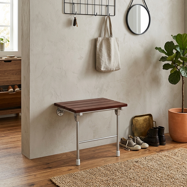 Moderner minimalistischer rechteckiger wandmontierter Schuhbank aus Holz und Edelstahl ohne Armlehnen für Eingangsbereiche 