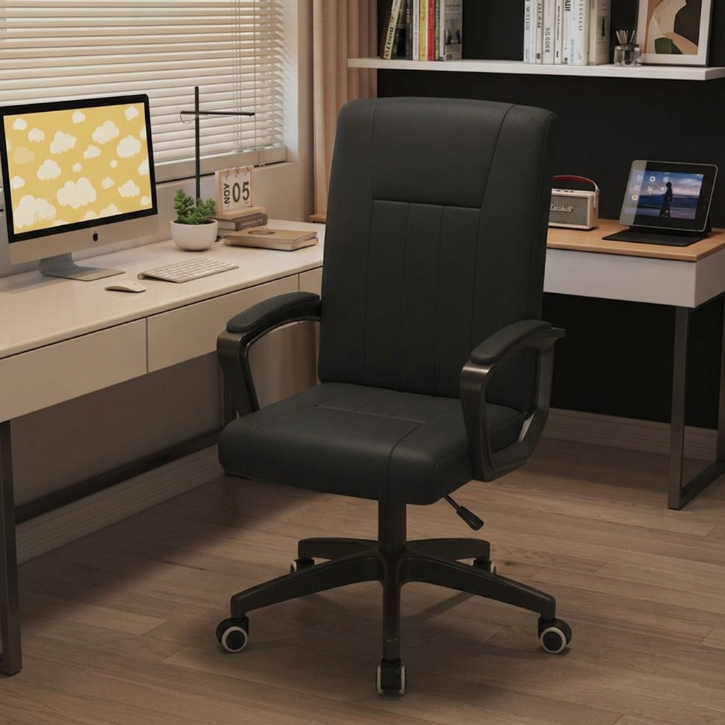 Moderner minimalistischer rechteckiger Schreibtischstuhl aus PU-Leder, Metall und Nylon mit verstellbarer Drehfunktion, Rückenlehne und Armlehnen für das Homeoffice 