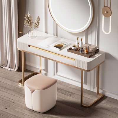 Modern Minimalist Leather & Solid Wood Rounded Rectangle Vanity Stool For Bedroom & Living Room