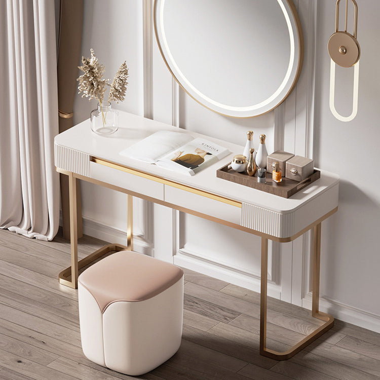Modern Minimalist Leather & Solid Wood Rounded Rectangle Vanity Stool For Bedroom & Living Room