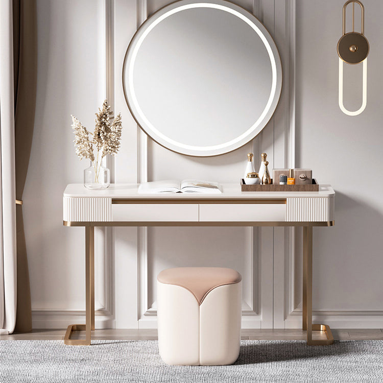 Modern Minimalist Leather & Solid Wood Rounded Rectangle Vanity Stool For Bedroom & Living Room