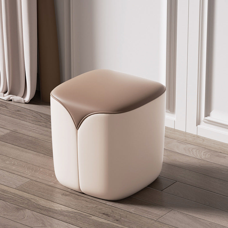 Modern Minimalist Leather & Solid Wood Rounded Rectangle Vanity Stool For Bedroom & Living Room