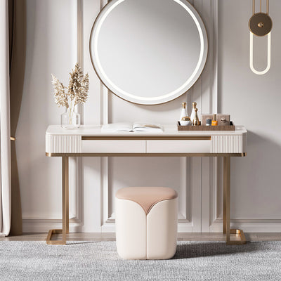 Modern Minimalist Leather & Solid Wood Rounded Rectangle Vanity Stool For Bedroom & Living Room