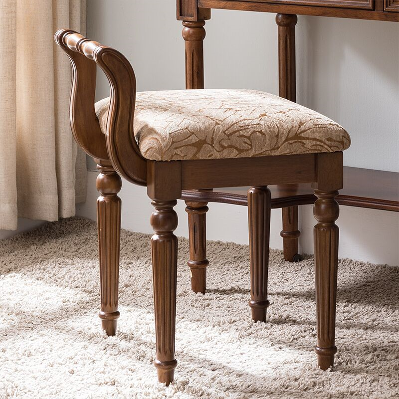 Traditional Vintage Solid Wood & Fabric Square Padded Vanity Stool With Patterned Upholstery & Low Backrest For Bedroom