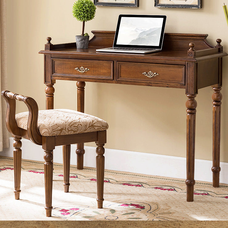 Traditional Vintage Solid Wood & Fabric Square Padded Vanity Stool With Patterned Upholstery & Low Backrest For Bedroom