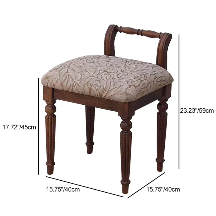 Traditioneller gepolsterter Schminkhocker aus Kautschukholz und Stoff in quadratischer Form mit gemustertem Bezug und niedriger Rückenlehne fürs Schlafzimmer 